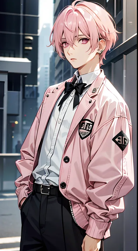 1boy, ((light pink hair color)) , short hair, black clothes, piercings, (light pink eyes color)