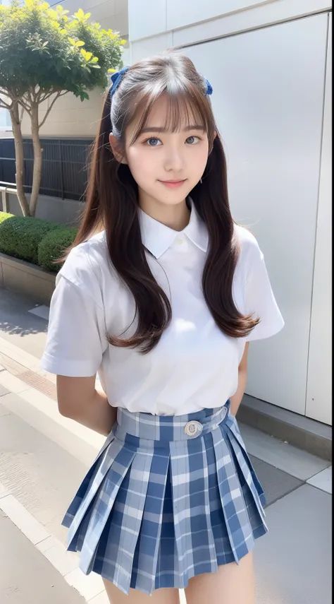 18-year-old schoolgirl wearing white shirt and light blue miniskirt