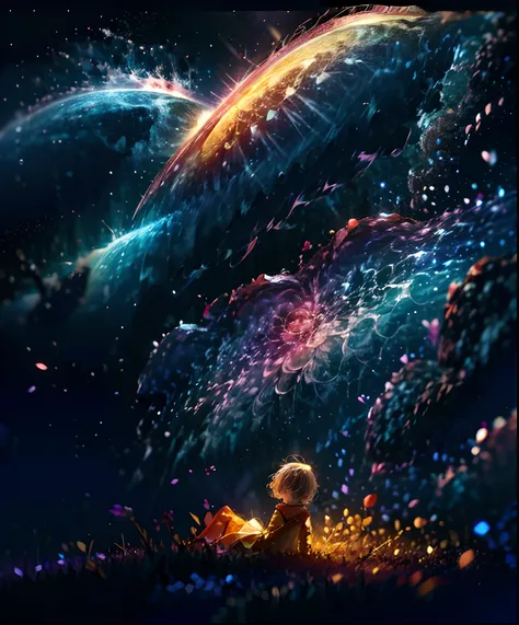 Describe a scene where a cute girl character is lying on a grassy hill, Looking up at the starry sky. Surround her with colorful nebulae and her favorite constellations.