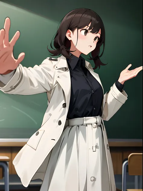 In the classroom，There are a lot of students，Female teacher giving lessons to students in front of a blackboard，Wear a white trench coat