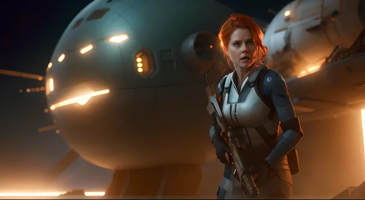 Hot terrified Sci fi Amy Adams holding a sci fi weapon on Ishimura Horror Space Ship photography, natural light, photorealism, cinematic rendering, ray tracing, the highest quality, the highest detail, Cinematic, Third-Person View, Blur Effect, Long Exposu...