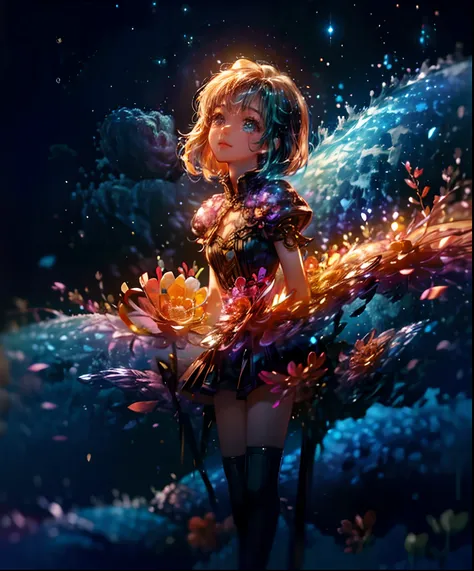 Describe a scene where a cute girl character is lying on a grassy hill, Looking up at the starry sky. Surround her with colorful nebulae and her favorite constellations.