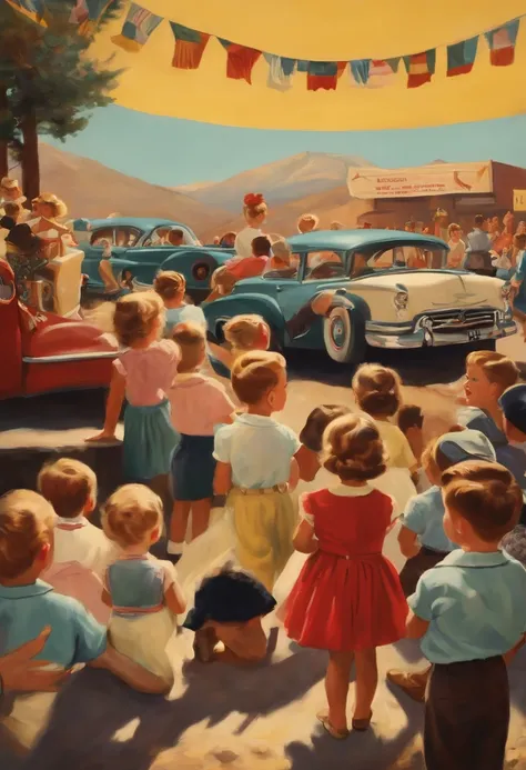 Set of small children in 50s clothes watching a rock show in the background