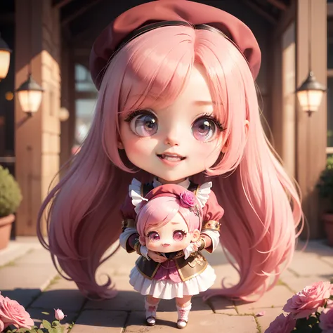 qulity) (Master Price)、 Chibi Model、light pink long hair、Riding a pink horse、 Pink and magenta jewelry decoration costume、Pink beret、Pink Rose Garden、Open your mouth and smile、ultra-detailliert、a small face、Standing、(Chibi:1.4)