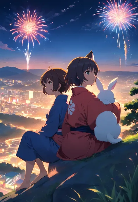 Cat girl and bunny boy sitting on the hill, View Night Sky, wearing kimonos, fireworks in the sky