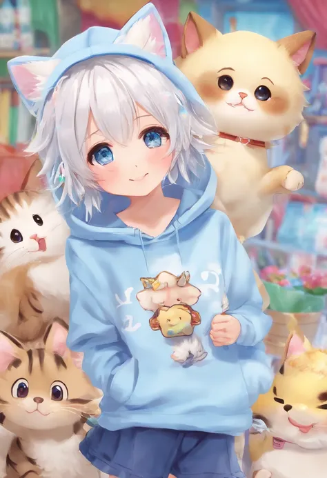 (best quality,4k,8k,highres,masterpiece:1.2),ultra-detailed,(realistic,photorealistic,photo-realistic:1.37),adult Male neko,(soft:1.1),(cute:1.1) outfit,(bright:1.1,blue:1.1) eyes,long white hair,black hoodie