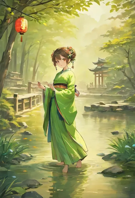 best quality,ultra-detailed,realistic,girl in a garden,traditional chinese dress,graceful posture,floating lanterns,lotus flowers,ancient architecture,bamboo forest,serene atmosphere,soft lighting,vibrant colors,chinese calligraphy,beautiful detailed eyes,...