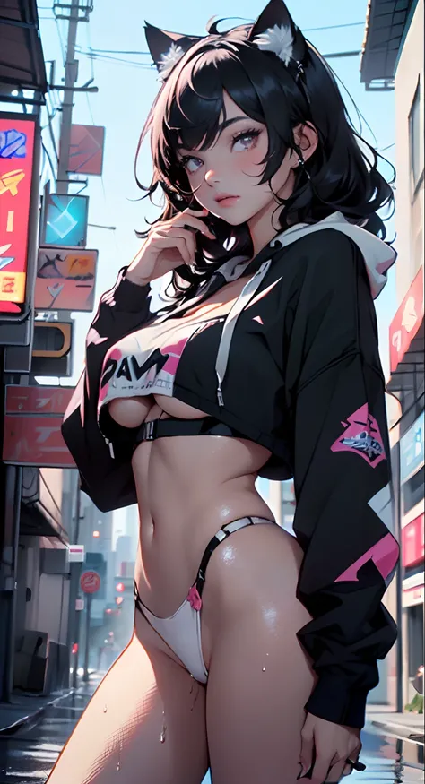 girl spacepunk,(((1girl))),((beautiful girl with bright and luminous cat ears)),

(large breasts:1.4),saggy breasts,((black hair,black messy hair,colored inner hair,large hair,absurdly long unkempt hair:1.35,long black hair,ear breathing)),((((cat ears,cat...