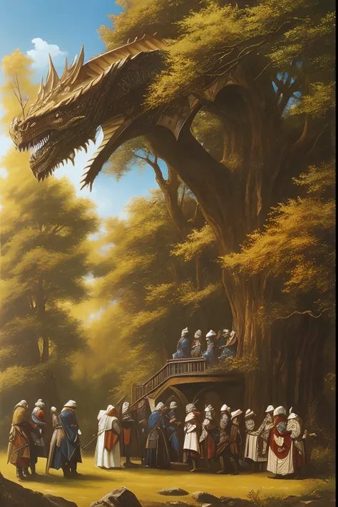 painting of a group of people dressed in medieval clothing standing around a tree, looking at a captured hanging dragon dragonlance illustration, inspired by Larry Elmore, Larry Elmore • : 0. 5, Director: Larry Elmore, Director: Ted Nasmith, party adventur...