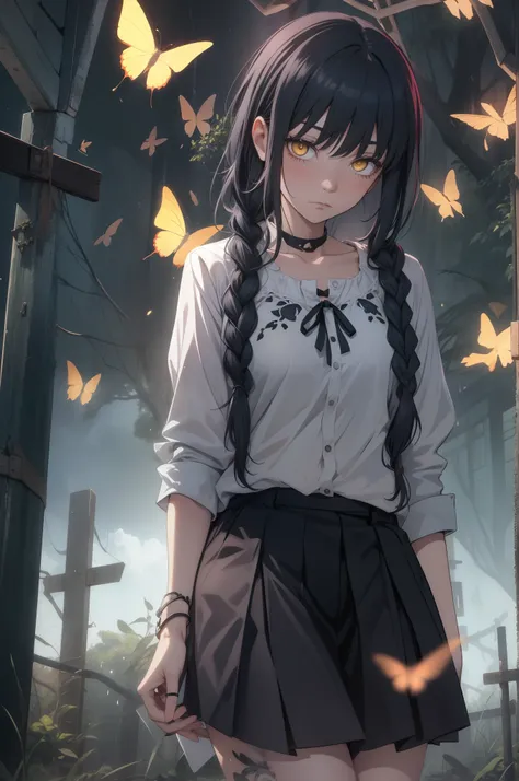 2D, master piece, best quality, (Lora_Nayuta), highly detailed, 1girl, alone, cowboy shot, a girl with black hair, individual braids, side braids, white shirt, long sleeves, black skirt, blushing, outdoors, Ring eyes, yellow eyes, Nayuta, black butterflies...