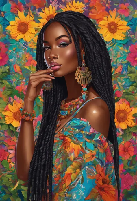 (a girl,a woman,a lady) with (ebony,black) (skin,complexion) and (long, flowing) (black, dark) (dreadlocks, hair), (beautiful detailed eyes,beautiful detailed lips,extremely detailed eyes and face,longeyelashes). She is (standing,sitting) in a (lush, vibra...