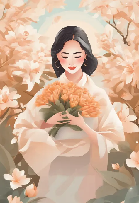 Teachers Day illustration，A lovely teacher holding flowers，Surrounded by a group of students，In a classroom，Simple vector art，Soft color palette，abstract paintings，Zen Buddhism，Cover art with abstract light，Contemporary Chinese literati，Color gradient，Hier...