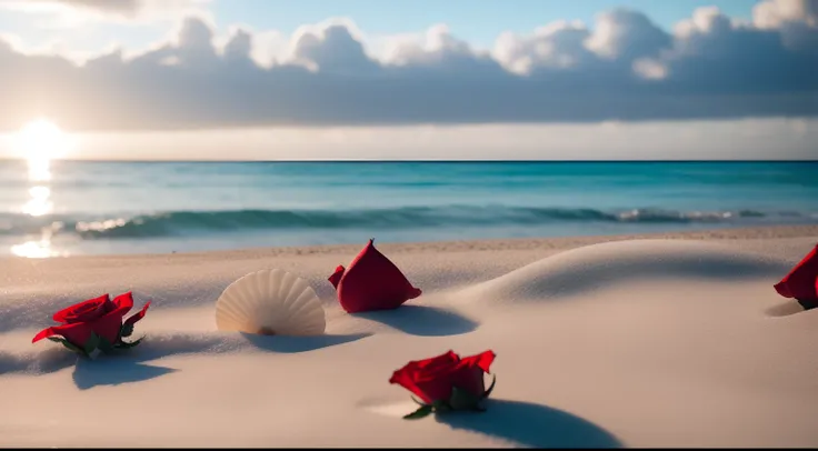 delicate scene,depth of field, 8K, beautiful woman, The ivory sky,white clouds,and sunlight shine on the snow-white beach. The coral sea,and many colorful tinny shells on the beach,red roses, roses focus,