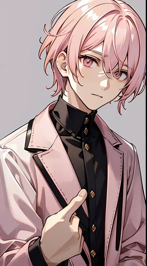 1boy, ((light pink hair color)) , short hair, black clothes, (light pink eyes color)