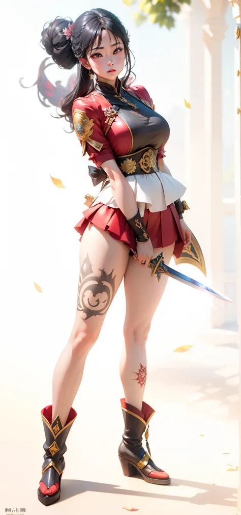 Raised sexy，plumw，Realistis，rays of sunshine，Thick lacquer anime，photorealestic，Royal Sister，Tattooed with，short  skirt，Boots，There is a big sword behind his back，Carry a big sword，illustration，hyper realistic anime，bloomcore