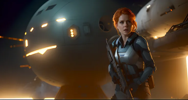 Hot terrified Sci fi Amy Adams holding a sci fi weapon on Ishimura Horror Space Ship photography, natural light, photorealism, cinematic rendering, ray tracing, the highest quality, the highest detail, Cinematic, Third-Person View, Blur Effect, Long Exposu...