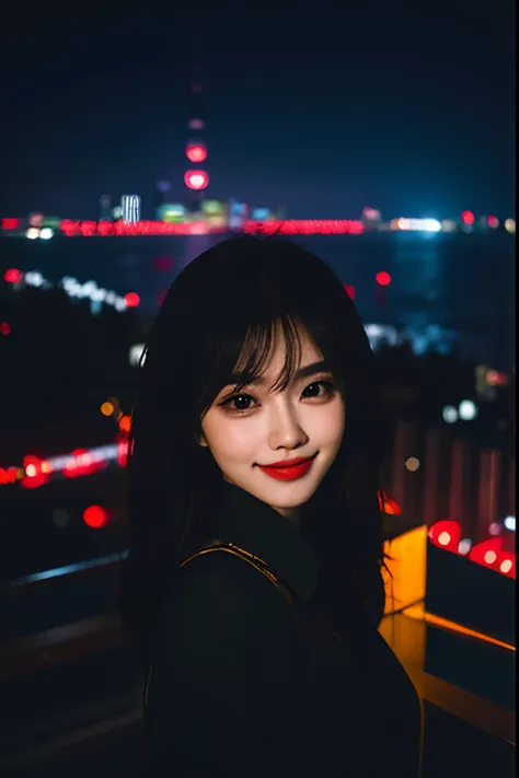 1girl, shanghai night, night, cityscape, city lights, upper body, close-up, 8k, raw photo, best quality, (masterpiece:1.4), real...