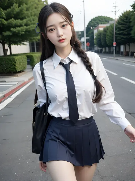 pedestrian walkway，RAW photos，8K，HighestQuali， 超高分辨率，Beautiful face details，Real human skin，shyexpression，up front view，From the angle below，Twist braids，realisticlying，realisticlying，adolable，short  skirt，Stand deep in the city，cute female student，Japanes...