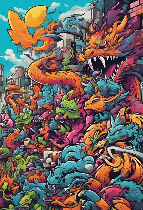 Prompt: graffiti, monsters, full picture, high resolution high contrast, Pokemon dragon