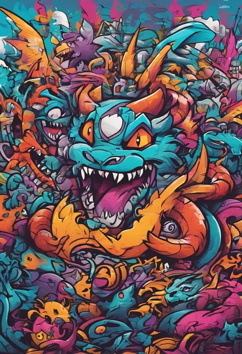 Prompt: graffiti, monsters, full picture, high resolution high contrast, Pokemon dragon