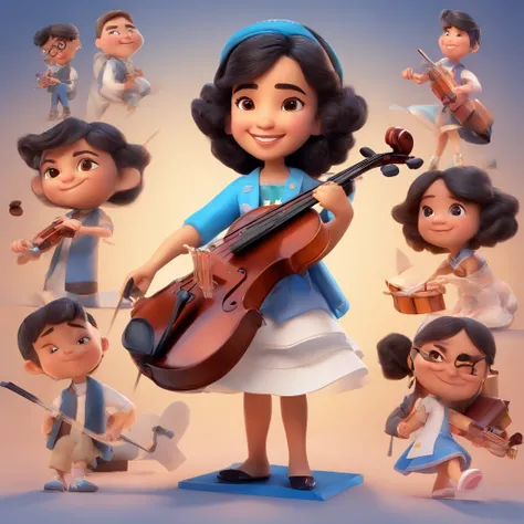 Super cute Pixar-style caricature of a 9-year-old Latin violinist girl, who takes her first bus trip. She looks happy, surrounded by her fellow symphony bandmates., high detail, high detail, anime style, Ukiyo-e, blind box toy style, 1080P, 4K, super detai...