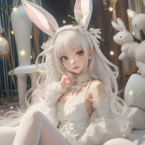 Masterpiece, Highest quality, Detailed face, CharacterDesignSheet，perfectly proportions，full bodyesbian，Full of details, Multiple poses and expressions, Highly detailed, beuaty girl，white colors，Wear a bunny outfit，Star decoration，Lace，lacepantyhose, High ...