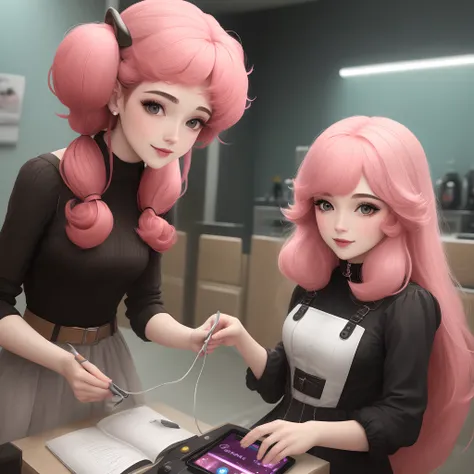 Personagem realista tecnologica de cabelo rosa e chifres prquenks e vermelhos