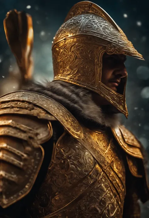 Gladiador com armadura, olhos claros brilhantes, estranho, assustador, Pesadelo, cores muito brilhantes, light particles, com luz brilhante, Arte do papel de parede, Papel de parede UHD