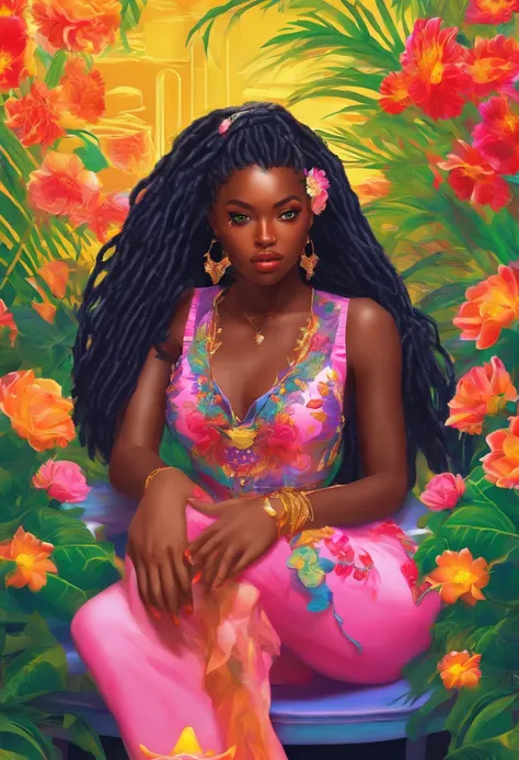 (a girl,a woman,a lady) with (ebony,black) (skin,complexion) and (long, flowing) (black, dark) (dreadlocks, hair), (beautiful detailed eyes,beautiful detailed lips,extremely detailed eyes and face,longeyelashes). She is (standing,sitting) in a (lush, vibra...