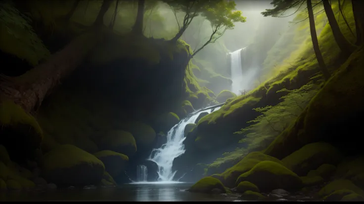 ​masterpiece、top-quality、8K、hight resolution、ultra-detailliert、deep-forest、Liana with complex leaves、A glimmer of light、Quiet puddle、Unspoiled lush greenery、vivid flowers々、towering pines、Delicate wood々Decorated with、Beautiful scene of a waterfall cascading...