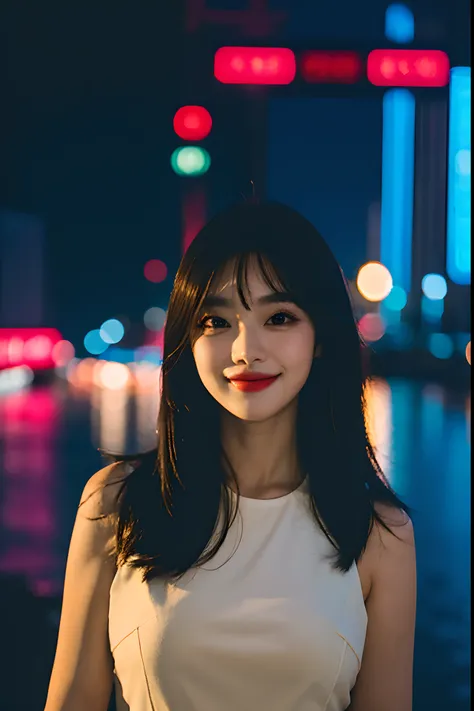 1girl, shanghai night, night, cityscape, city lights, upper body, close-up, 8k, RAW photo, best quality, (masterpiece:1.4), realistic, photo-realistic, (closed smile:1.2), kpop idol makeup, soft smile