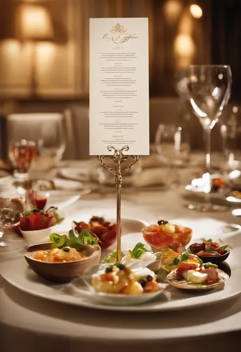 "Create an enticing and visually appealing menu style for a high-end restaurant specializing in gourmet cuisine. The menu should exude elegance and sophistication, aligning with the restaurants ambiance and culinary excellence. Incorporate a design that co...