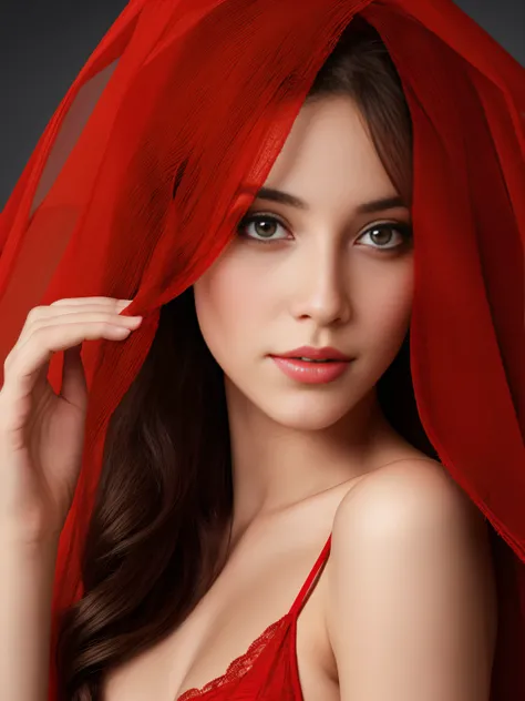 A very beautiful woman with a red veil, in the style of light and color effects, graphic contrasts, matte photo