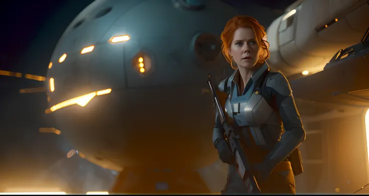 Hot terrified Sci fi Amy Adams holding a sci fi weapon on Ishimura Horror Space Ship photography, natural light, photorealism, cinematic rendering, ray tracing, the highest quality, the highest detail, Cinematic, Third-Person View, Blur Effect, Long Exposu...