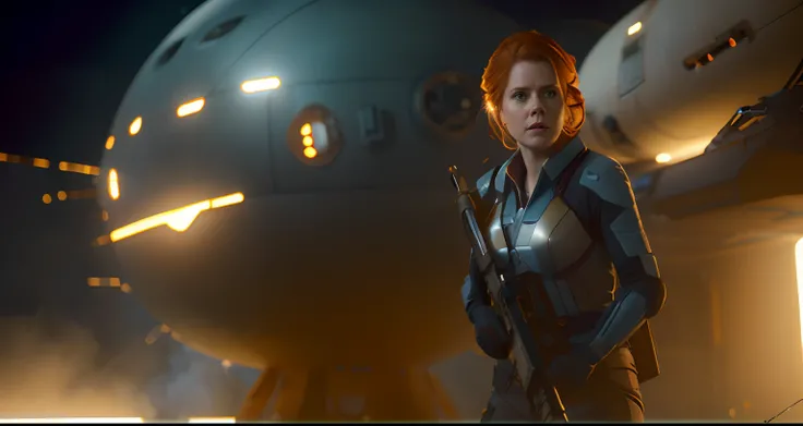 Hot terrified Sci fi Amy Adams holding a sci fi weapon on Ishimura Horror Space Ship photography, natural light, photorealism, cinematic rendering, ray tracing, the highest quality, the highest detail, Cinematic, Third-Person View, Blur Effect, Long Exposu...