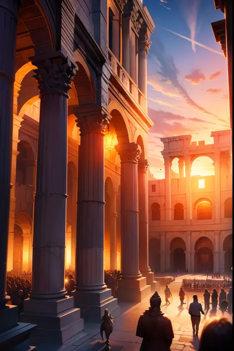 ancient Rome, Colosseum at sunset, detailed architecture, vibrant colors, immersive atmosphere, bustling crowds, gladiators in action, grand spectacle, marble columns, ornate sculptures, historical landmark, realistic lighting, red flags fluttering in the ...