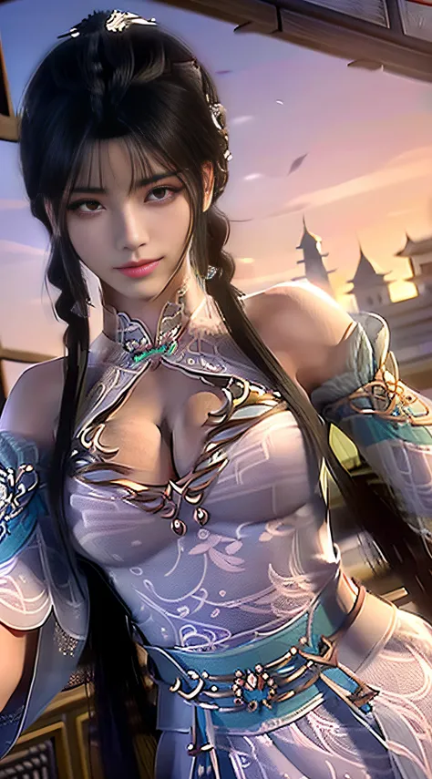 ((1girll, Black hair, Braid, Breasts, cleavage, Large breasts, Lips, Long hair, view the viewer, Traditional Chinese dress skirt, Realistic, Single braid, Skirt, Solo, Double up braid)), / / High quality texture, Intricate details, Detailed texture, Highqu...