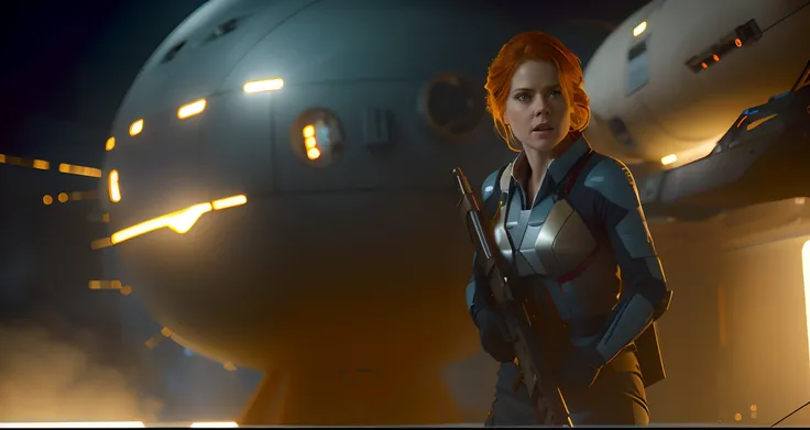 Hot terrified Sci fi Amy Adams holding a sci fi weapon on Ishimura Horror Space Ship photography, natural light, photorealism, cinematic rendering, ray tracing, the highest quality, the highest detail, Cinematic, Third-Person View, Blur Effect, Long Exposu...