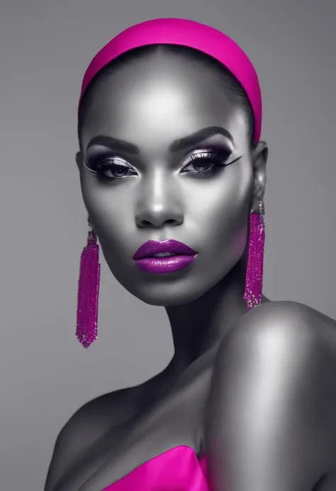 (african american,elegant,bold,confident,beautiful,long hair,curves:1.1,detailed eyes,full lips:1.1),glamorous,high fashion,stylish,striking poses,fierce attitude,(vibrant colors,hot pink:1.1,neon lights:1.1),dramatic shadows,edgy makeup,stage presence,(pr...