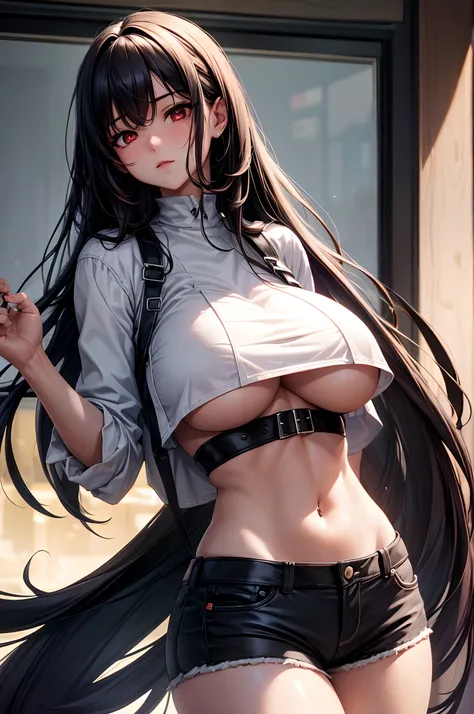 1girl, absurdres, high res, ultrasharp, 8K, masterpiece, looking at viewer, thighs, breasts, huge breasts, crop top, shorts, black hair, long hair, red eyes, underboob, piercing