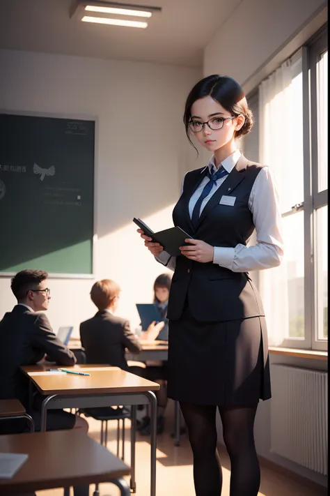 A teacher is standing on the podium, wearing glasses, holding a piece of chalk, and there are many students from the author below