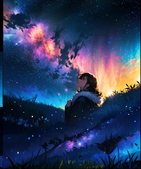 Describe a scene where a cute girl character is lying on a grassy hill, Looking up at the starry sky. Surround her with colorful nebulae and her favorite constellations.