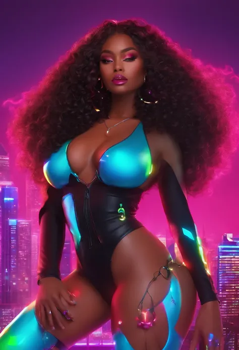 (african american,elegant,bold,confident,beautiful,long hair,curves:1.1,detailed eyes,full lips:1.1),glamorous,high fashion,stylish,striking poses,fierce attitude,(vibrant colors,hot pink:1.1,neon lights:1.1),dramatic shadows,edgy makeup,stage presence,(pr...