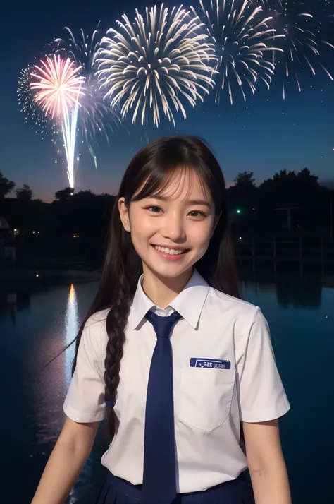 A smile、hi-school girl、校服、shortsleeves、An amusement park、While doing fireworks、starrysky、Aurora