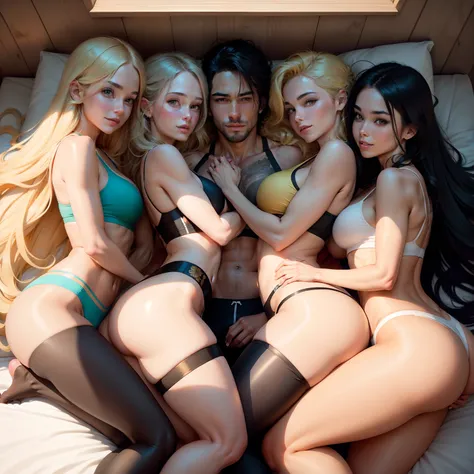 One Handsome man laying in bed surrounded by three beautiful athletic women snuggling up against him in bed touching him, wearing sexy athletic wear like tube tops, crop tops, leggings, booty shorts, bikinis, etc,  perfect bodies, women: long flowing hair,...