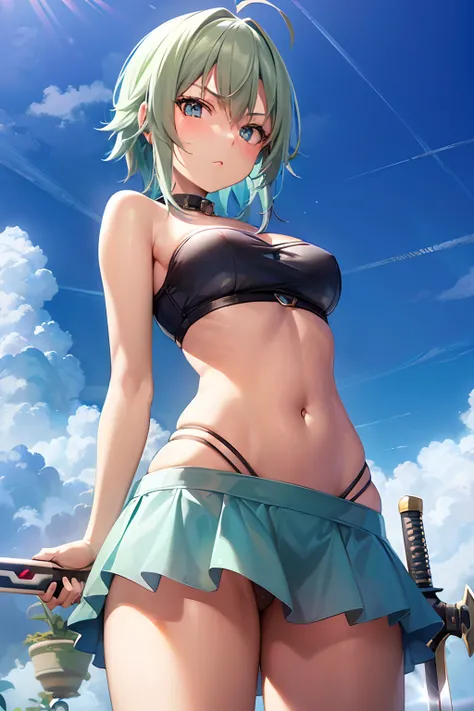 A captivating cute gorgeous succulent petite teasing teen anime girl, blue hair, standing, from below pov, a stunning succulent anime girl teen with a strapless crop top and thong, armpits, cute breasts, badass anime 8k, detailed open navel focus, flaring ...