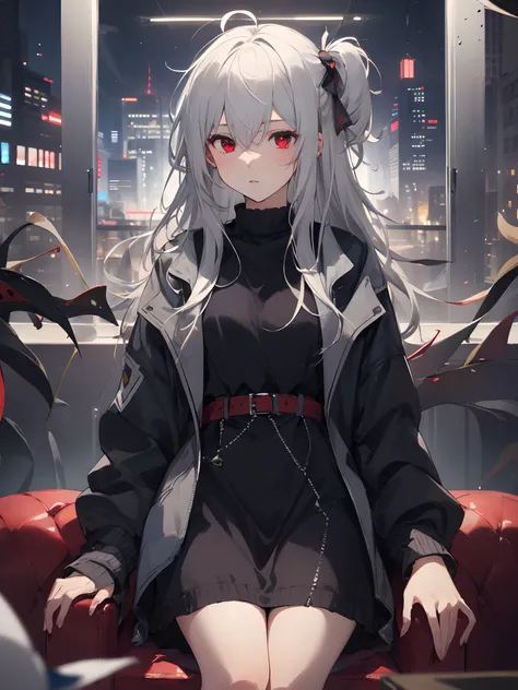 (masterpiece, best quality, high quality), 1 girl, ((unmoved)), sitting, looking at the audience, white hair, (long hair, messy hair), red eyes, :(, flowing hair