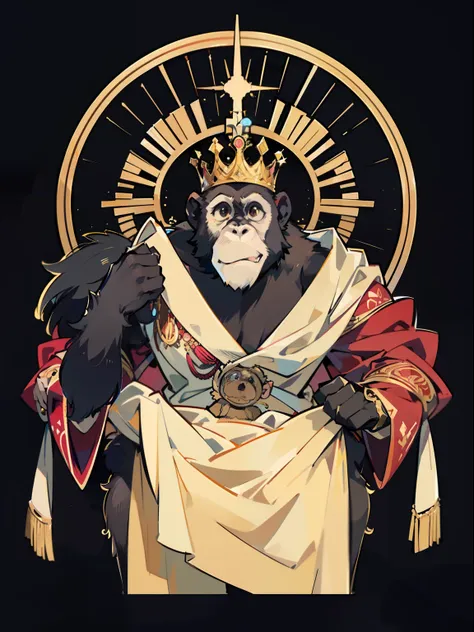 chimpanzee king,,((elegant)),, sovereign, spiritual, confident, with crown and highly detailed props, black background, facing t...