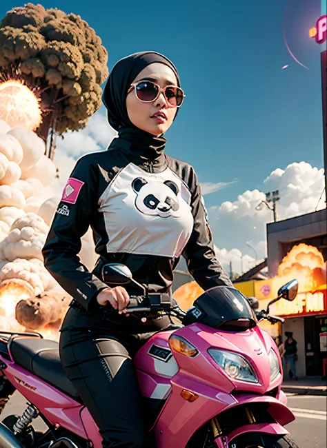 Slim and Medium breasted malay woman in hijab, pink food delivery motorcycle, foodpanda delivery, panda emblem at delivery box, pink delivery box, sunglasses, sci-fi, with gun, explosions behind, lot of explosion, dramatic scene, movie poster,