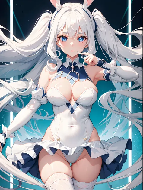 1girl in、White hair、Blue eyes、wall-paper、bunnygirl、Leotard、fishnet tights、Super long hair、Curly hair、white backgrounid、symmetry、facing front、Upper body close-up、Close UAMENTED、see -through、